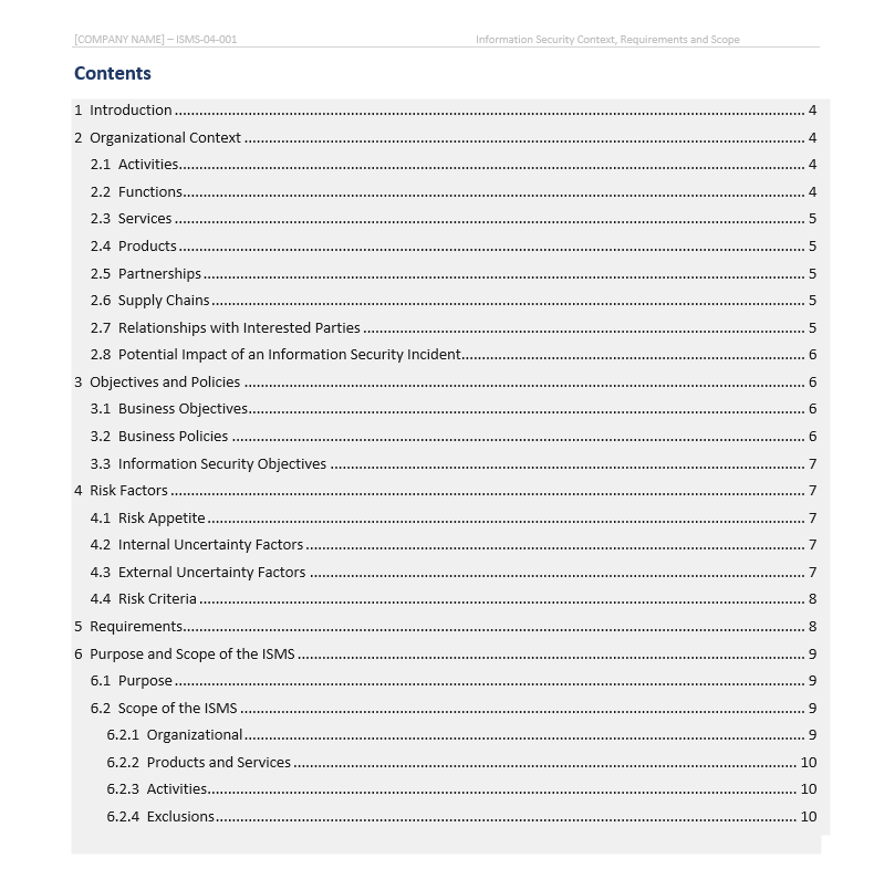 ISMS Scope & Context Document Template - Word document template with company placeholder fields