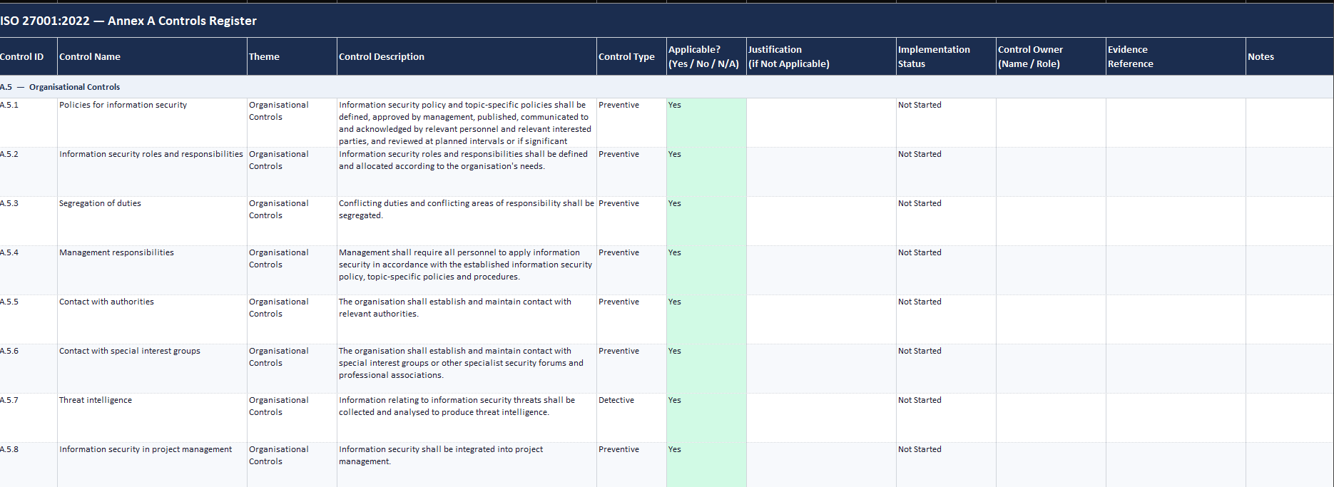 ISO 27001 Annex A Controls Register - Excel document template with company placeholder fields